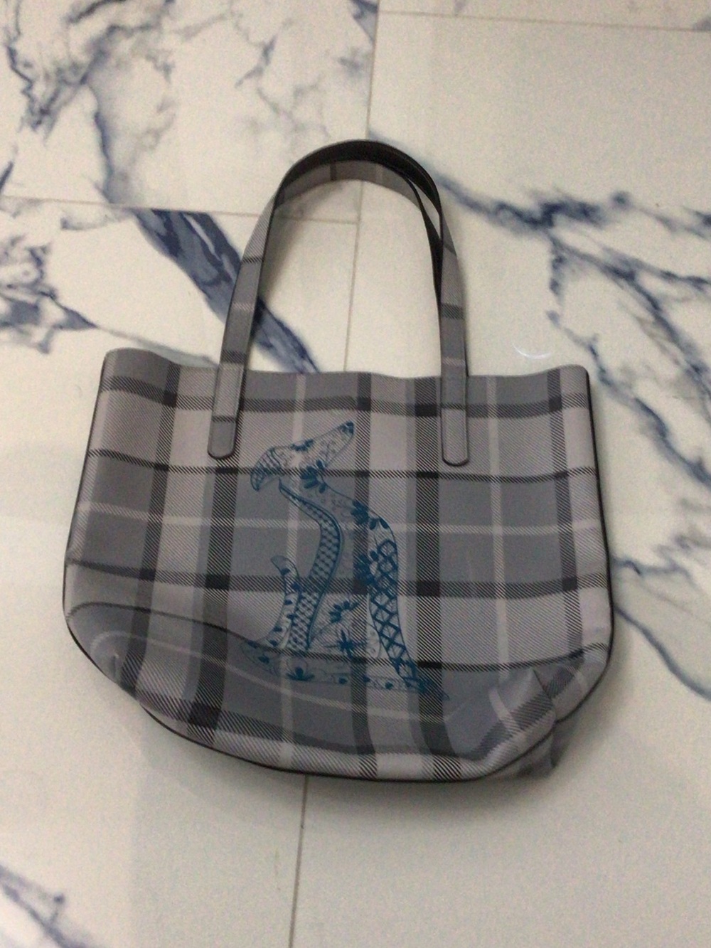Juicy Couture Gray Plaid Tote with Blue Dragon Motif